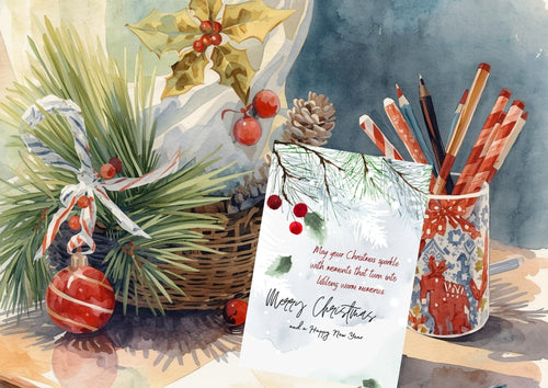 Christmas-themed stationery set with pine branches, ornaments, and a card.