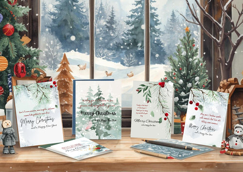 Collection of Christmas cards on a table with a snowy landscape in the background.