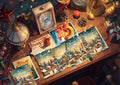Collection of Christmas cards on a wooden surface with festive decorations.