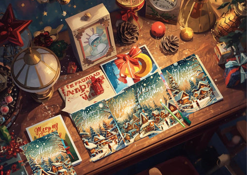Collection of Christmas cards on a wooden surface with festive decorations.